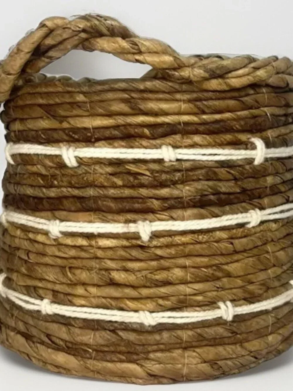 Woven Banana Leaf Coiled Basket 2 Handles- Rustic Boho Planter String Detail